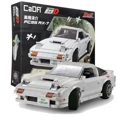 Klocki konstrukcyjne CaDA Zdalnie sterowany samochód Auto biała Mazda RX-7 manga Initial D 35 cm Pojazd z napędem Power System Pro Światło LED RC 1552 elementów
