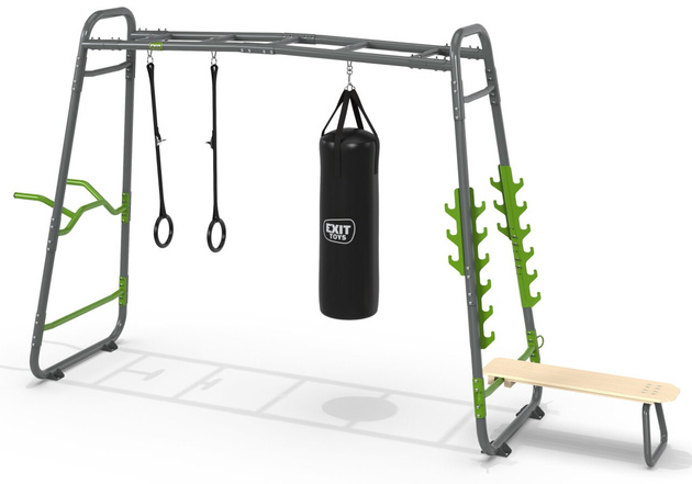 Siłownia ogrodowa Fitness Stanowisko gimnastyczne GetSet MB230: poręcze, pozioma drabinka, drążek, stacja, kółka, worek treningowy, ławka