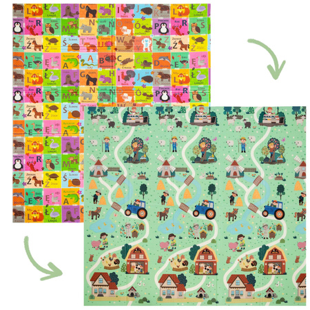 Dwustronna Składana Mata Edukacyjna z pianki XPE Podłogowa Bezpieczna 180x200 alfabet polski wieś Humbi