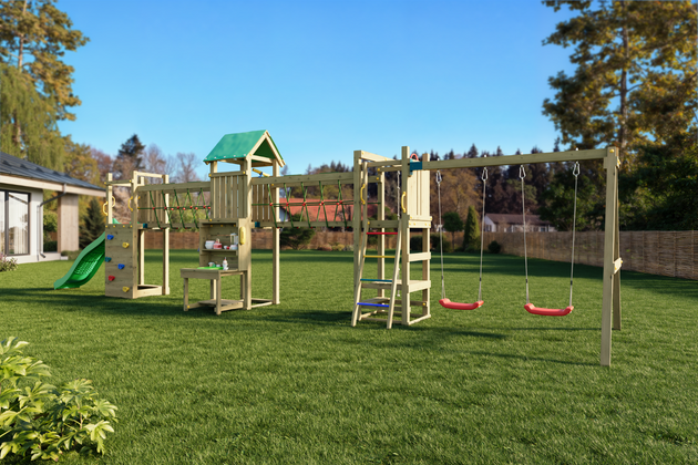 Fungoo Plac zabaw drewniany ogrodowy Space Longer, zjeżdżalnia, ścianka wspinaczkowa, huśtawki, kuchnia błotna