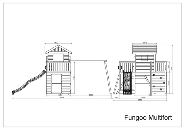 Fungoo Plac zabaw drewniany ogrodowy Multifort KDI, zjeżdżalnia, ścianka wspinaczkowa
