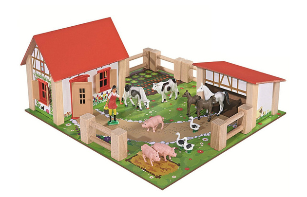 Zestaw Eichhorn Drewniana farma 23 elementy+Zestaw Figurek Dinozaurów w pojemniku 55 elementów