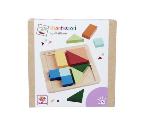 Montessori Kolorowe Drewniane Puzzle Kwadraty Trójkąty Prostokąty 13 Elementów