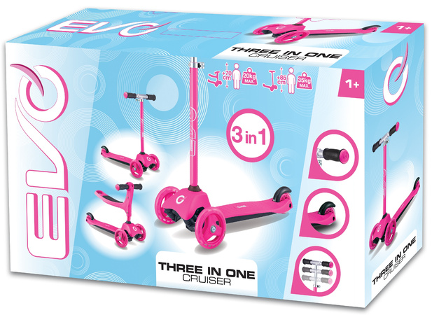 Evo Regulowana Trójkołowa Hulajnoga dla Dzieci 2w1 Jeździk Cruiser z Siedziskiem Różowy