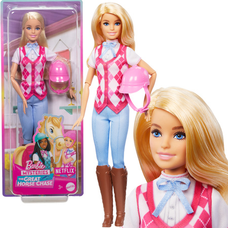 Lalka Barbie w stroju jeździeckim z różowym hełmem dżokejka