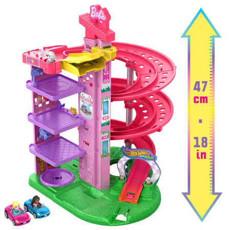 Barbie Duży Tor Wyścigowy Zakręcony z Windą Hot Wheels Raceverse + 2 Autka 47 Cm
