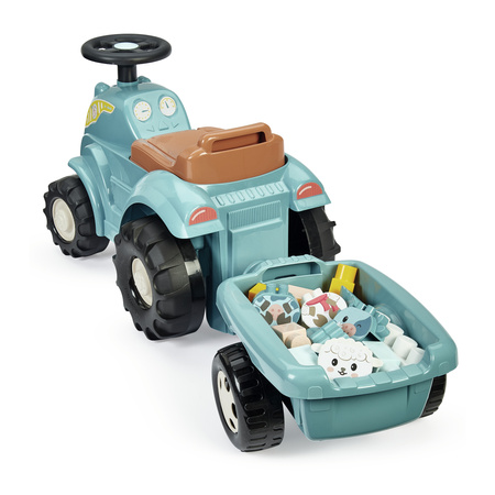 Abrick Zestaw Niebieski Traktor z przyczepką + Klocki Zwierzęta Krowa Owca