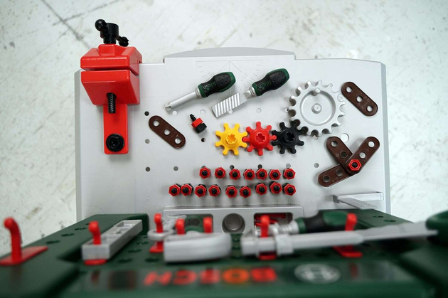 Duży warsztat Bosch dla dzieci młotek piła imadło 77 elementów stół warsztatowy 3+ Klein