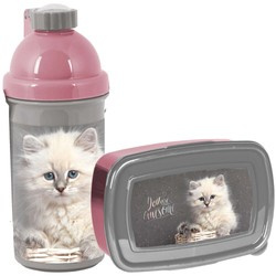 Zestaw Paso Pudełko śniadaniowe Śniadaniówka 750 ml + Bidon Szkolny 550 ml szaro-różowy z kotkiem