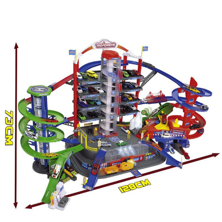 Zestaw Wielki Garaż Parking Super City 7 poziomów + 6 samochodów i lokomotywa z dźwiękiem i światłem