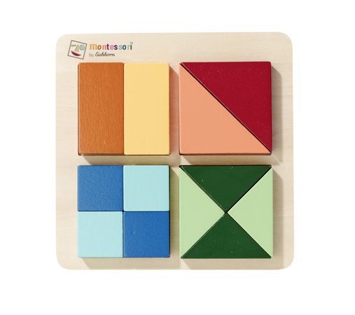 Montessori Kolorowe Drewniane Puzzle Kwadraty Trójkąty Prostokąty 13 Elementów
