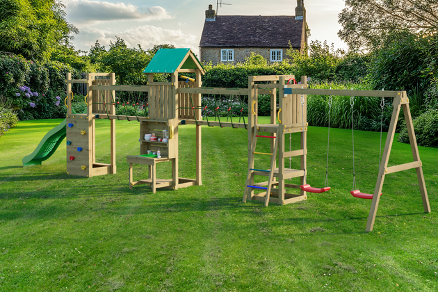 Fungoo Plac zabaw drewniany ogrodowy Space Longer, zjeżdżalnia, ścianka wspinaczkowa, huśtawki, kuchnia błotna