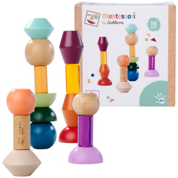 Montessori Drewniane Wieże z Kształtów 16 Kolorowych Elementów
