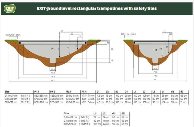 Trampolina ogrodowa naziemna Dynamic EXIT z płytkami zabezpieczającymi Freezone 305 x 519 cm czarna