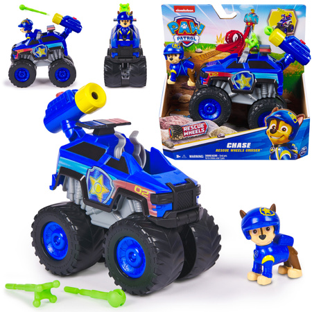 Psi Patrol Rescue Wheels niebieski Pojazd terenowy z figurką Chase 6cm + maskotka 23 cm