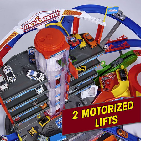 Zestaw Wielki Garaż Parking Super City 7 poziomów + 6 samochodów i lokomotywa z dźwiękiem i światłem
