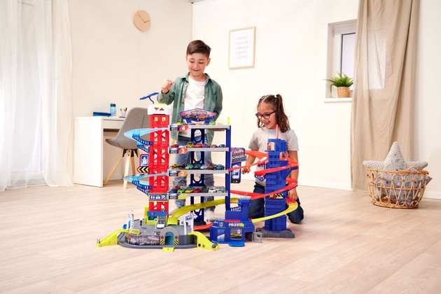 Duży Garaż Parking samochodowy Super Centrum Pościgu + 4 kolorowe auta Światło Dźwięk