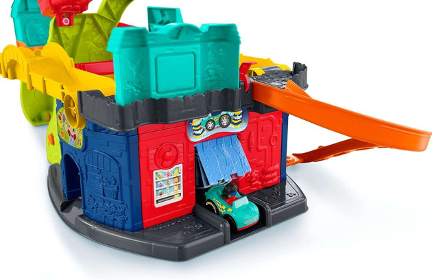 Fisher Price Miasteczko 2w1 Wielki Tor samochodowy XXL Garaż 76 cm Zjeżdżalnia Parking Wieża + 2 autka