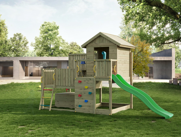 Fungoo Plac zabaw drewniany ogrodowy Sweet House ze zjeżdżalnią