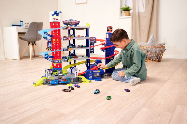 Duży Garaż Parking samochodowy Super Centrum Pościgu + 4 kolorowe auta Światło Dźwięk