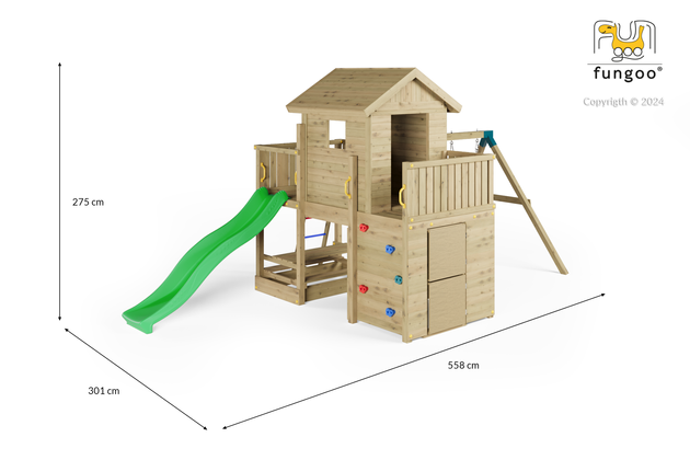 Fungoo Plac zabaw drewniany ogrodowy Multifort KDI, zjeżdżalnia, ścianka wspinaczkowa