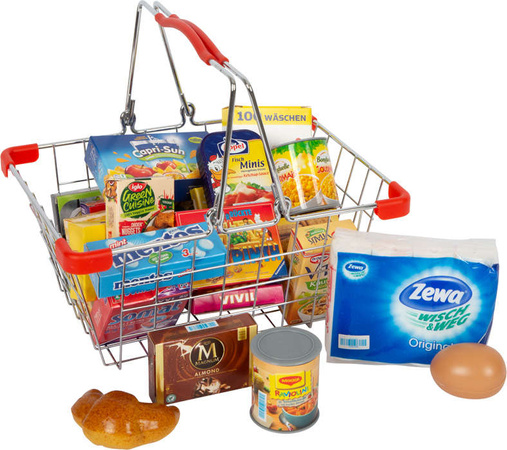 Zestaw Koszyk na zakupy z akcesoriami produkty spożywcze + wózek sklepowy Small Foot