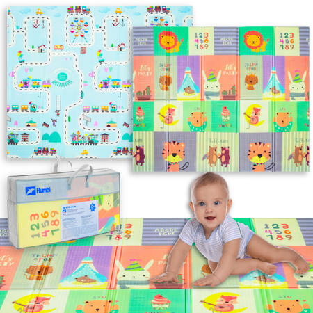 Mata Humbi Dwustronna Składana Edukacyjna z pianki XPE 180x150x1cm Zwierzątka, Literki, Cyferki Uliczki 