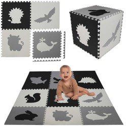 Humbi Duża mata edukacyjna XXL 180 x 180 Grube Puzzle piankowe 2w1 60 x 60 Zwierzęta Zwierzątka Kolor szary czarny