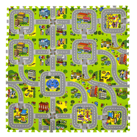Humbi Mata edukacyjna Grube Puzzle piankowe 31,5 x 31,5 x 1 cm 18 elementów Kolorowe Ulice Miasto Uliczki Budynki Domy Domki