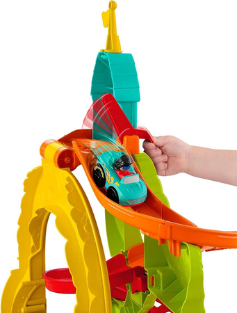 Fisher Price Miasteczko 2w1 Wielki Tor samochodowy XXL Garaż 76 cm Zjeżdżalnia Parking Wieża + 2 autka