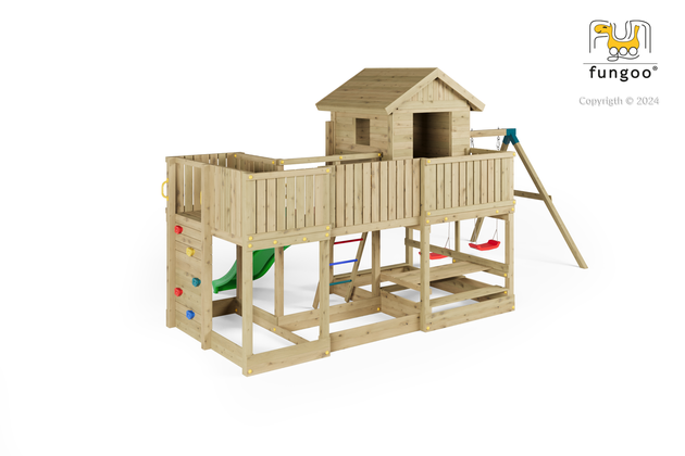 Fungoo Plac zabaw drewniany ogrodowy Longstepper z dwiema huśtawkami zjeżdżalnią