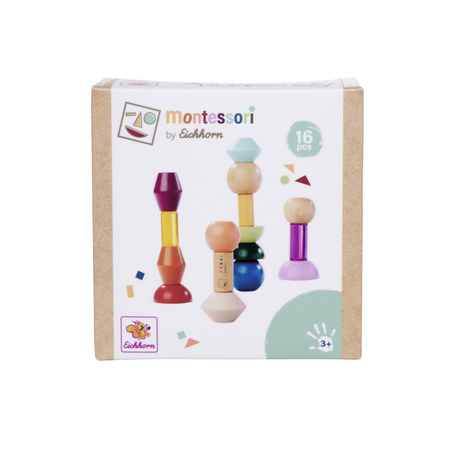 Montessori Drewniane Wieże z Kształtów 16 Kolorowych Elementów