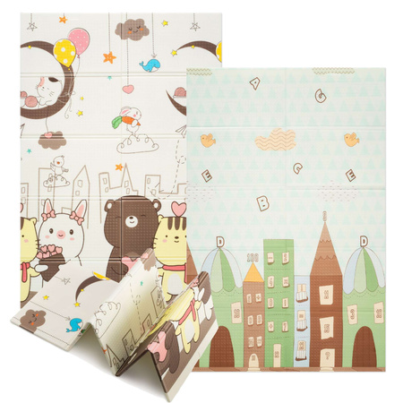Dwustronna Składana Mata Edukacyjna z pianki XPE Podłogowa Bezpieczna 120x180 Miasto Noc Zwierzątka Humbi