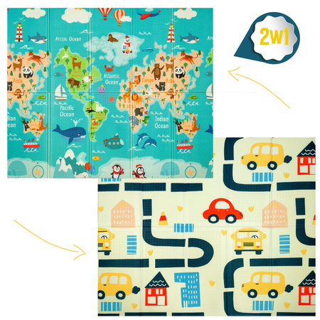 Humbi Dwustronna Składana Mata Piankowa Edukacyjna z pianki XPE 200x180x1 Mapa świata Ulice