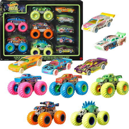 Hot Wheels Monster Trucks zestaw 10 świecących w ciemności pojazdów 1:64