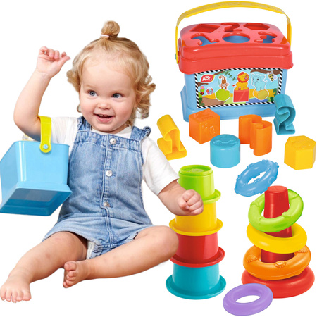 ABC Koszyk z pokrywką Zestaw Sorter z klockami + wieża i piramidka