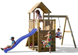 Plac zabaw drewniany ogrodowy Carol 3 domek, zjeżdżalnia, huśtawka, ścianka, lina