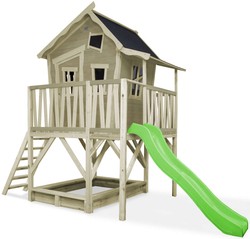 Drewniany domek do zabawy z werandą, zjeżdżalnią i piaskownicą Crooky 550 szaro-beżowy