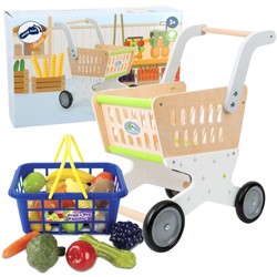 Drewniany wózek na zakupy+Koszyk sklepowy z owocami i warzywami