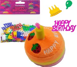 Konfetti dekoracja Happy Birthday + grająca babeczka urodzinowa