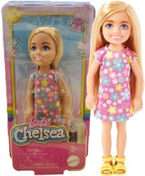 Lalka Barbie Chelsea Blondynka w sukience w kwiatki mała laleczka 14 cm