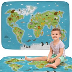 Miękki kolorowy dywan do pokoju dziecięcego Mata do zabawy Mapa Świata zwierzęta 100x150 cm Achoka