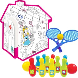 Mochtoys zestaw zabawek Duży Domek do kolorowania + Rakietki niebieskie + Kręgle Maxi 