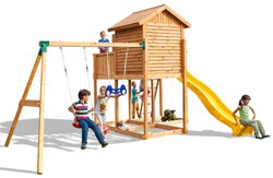Plac zabaw drewniany ogrodowy Move MySide domek, zjeżdżalnia XXL, 2x huśtawka, drabinka, akcesoria