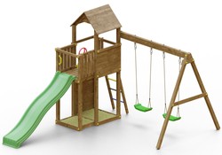 Plac zabaw drewniany ogrodowy duży Boomer 3 domek, zjeżdżalnia, 2x huśtawka, ścianka wspinaczkowa