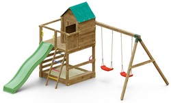 Plac zabaw drewniany ogrodowy duży Jarcas 4 domek, zjeżdżalnia, 2x huśtawka, piaskownica, drabinka