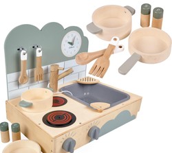 Zabawkowa drewniana kompaktowa przenośna kuchnia z akcesoriami