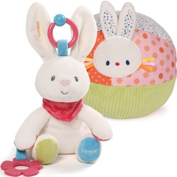 Zestaw 2 sensorycznych zabawek niemowlęcych: piłka aktywności i maskotka królik z grzechotką 0+