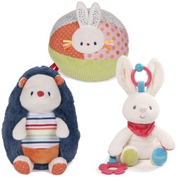 Zestaw 3 sensorycznych zabawek niemowlęcych: piłka aktywności, maskotka jeżyk i królik z grzechotką 0+