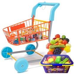 Zestaw koszyk i wózek sklepowy na zakupy z owocami i warzywami dla dzieci Supermarket